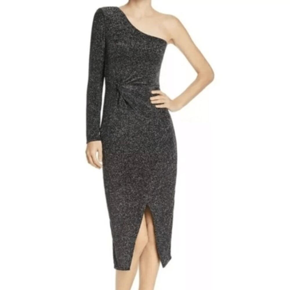 Bardot One Shoulder Metallic Midi Dress Silver Ruched Slit Cocktail XS 4